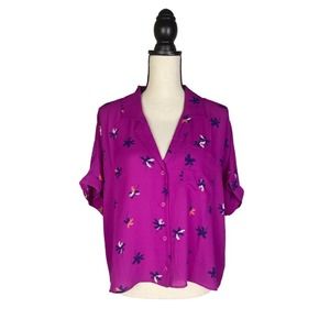 Abound Purple Fuschia Palm Print Short Sleeve Loose Crop Blouse Size L Large New